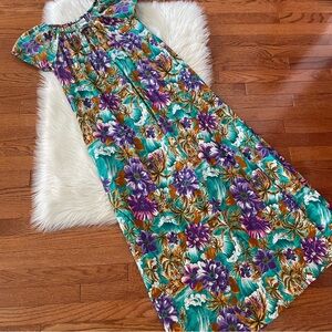 Vintage Island Maxi Dress Floral Montgomery Ward Flutter Sleeves Pockets Size M